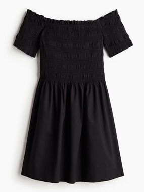 H&M Black Smocked Off The Shoulder Cotton LivaEco Viscose Dress NWT AA